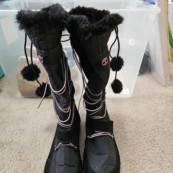 Womens Timberland MukLuk Style Boot Knee High Black Leather Nylon Pink Sole Sz 7 - Picture 4 of 13